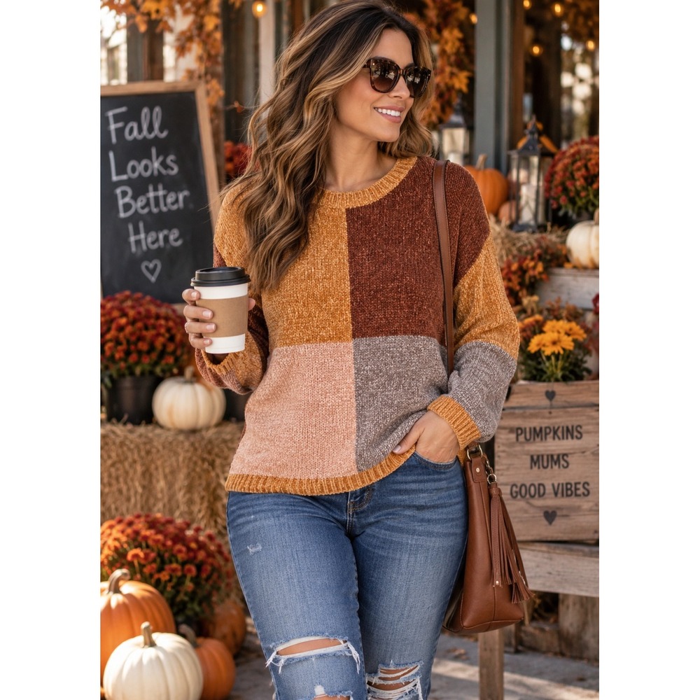 Impressions Patchwork Chenille Sweater Womens 1X Multi Color P15678 Crew Neck